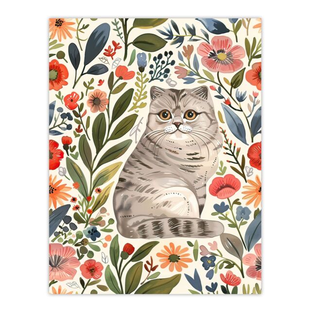 "Artery8 Scottish Fold & Rustic Floral Pattern Cat Lover Wall Art Print - Size: W24"" x H32""" - image 1