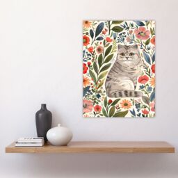"Artery8 Scottish Fold & Rustic Floral Pattern Cat Lover Wall Art Print - Size: W24"" x H32""" - thumbnail 4