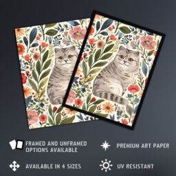 "Artery8 Scottish Fold & Rustic Floral Pattern Cat Lover Wall Art Print - Size: W24"" x H32""" - thumbnail 2