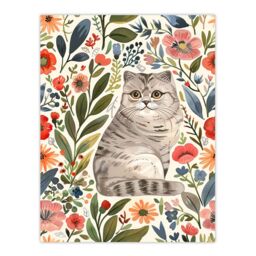 "Artery8 Scottish Fold & Rustic Floral Pattern Cat Lover Wall Art Print - Size: W24"" x H32""" - thumbnail 1