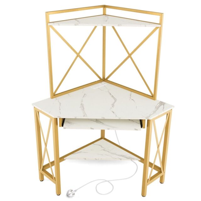 Costway Corner Writing Desk Home Office Space Saving Computer Desk with Keysboard Tray in White - image 1