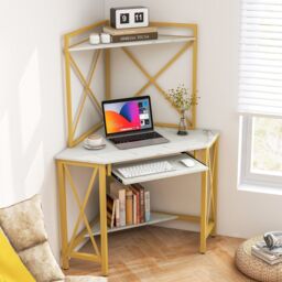 Costway Corner Writing Desk Home Office Space Saving Computer Desk with Keysboard Tray in White - thumbnail 3