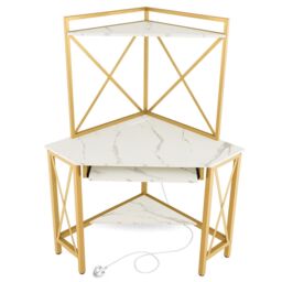 Costway Corner Writing Desk Home Office Space Saving Computer Desk with Keysboard Tray in White - thumbnail 1