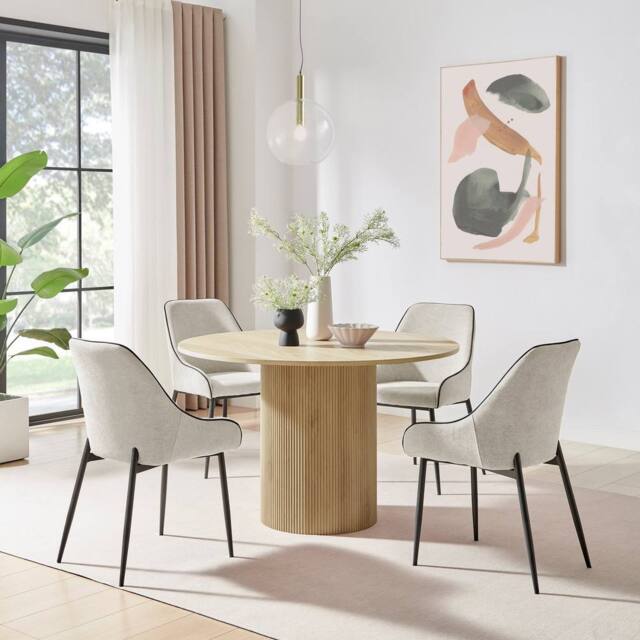 FurnitureboxUK Penrose Oak Effect Round Dining Table & 4 Beaumont Chairs in Cream - image 1