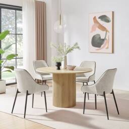FurnitureboxUK Penrose Oak Effect Round Dining Table & 4 Beaumont Chairs in Cream - thumbnail 1