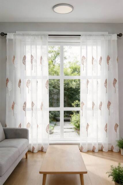 Living and Home 130cm W 2 Panels Leaf Pattern Embroidered Semi-sheer Curtains in White - Size: 100 cm width x 200 cm drop - image 1