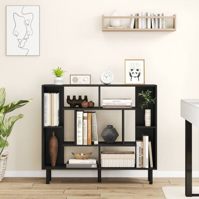 Costway Modern Geometric Bookcase Wooden Open Bookshelf Display Shelves in Black - image 1
