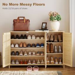 HOMCOM Bamboo Shoe Cabinet with Louvered Doors 18 Pairs Shoe Storage Cabinet in Natural - Size: Large - thumbnail 4