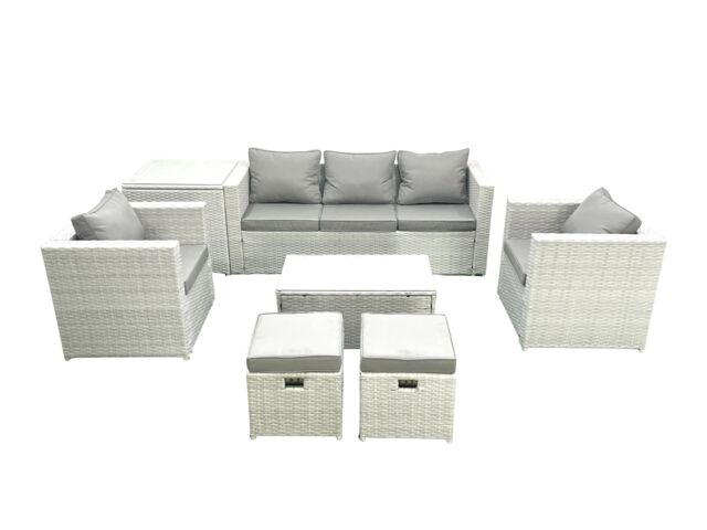 Fimous 7 Seater Rattan Garden Furniture Set with 3 Seater Sofa 2 Chair Rectangular Coffee Table 2 Small Footstools Side Table Light Grey Mixed - image 1