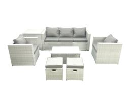 Fimous 7 Seater Rattan Garden Furniture Set with 3 Seater Sofa 2 Chair Rectangular Coffee Table 2 Small Footstools Side Table Light Grey Mixed - thumbnail 1