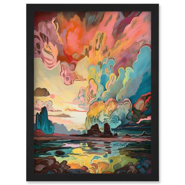 Artery8 Van Gogh Inspired Atmospheric Clouds Over Mono Lake at Dawn Modern Watercolour Painting Artwork Framed Wall Art Print A4 in Black - image 1