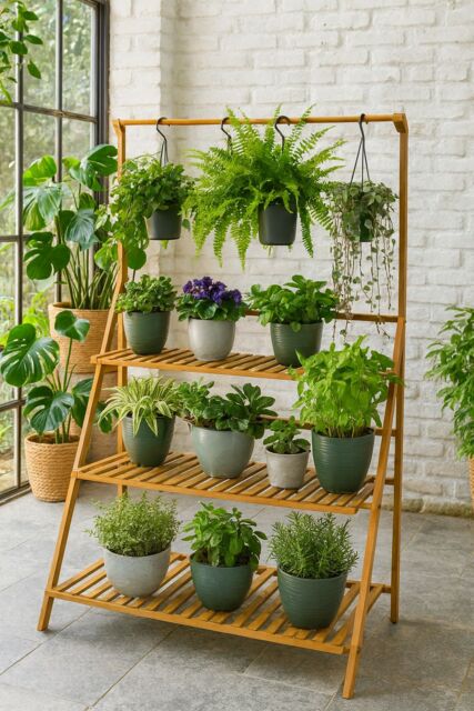 Neo 3‑Tier Indoor & Outdoor Foldable Bamboo Plant Stand with Hanging Hook in Light Oak - image 1