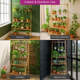 Neo 3‑Tier Indoor & Outdoor Foldable Bamboo Plant Stand with Hanging Hook in Light Oak - thumbnail 4
