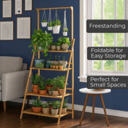 Neo 3‑Tier Indoor & Outdoor Foldable Bamboo Plant Stand with Hanging Hook in Light Oak - thumbnail 5