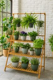 Neo 3‑Tier Indoor & Outdoor Foldable Bamboo Plant Stand with Hanging Hook in Light Oak