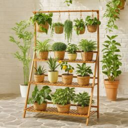 Neo 3‑Tier Indoor & Outdoor Foldable Bamboo Plant Stand with Hanging Hook in Light Oak - thumbnail 2