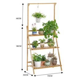 Neo 3‑Tier Indoor & Outdoor Foldable Bamboo Plant Stand with Hanging Hook in Light Oak - thumbnail 7