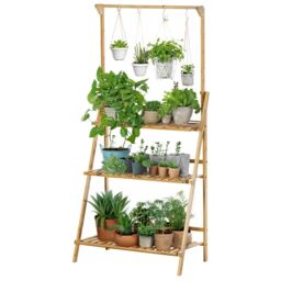 Neo 3‑Tier Indoor & Outdoor Foldable Bamboo Plant Stand with Hanging Hook in Light Oak - thumbnail 6