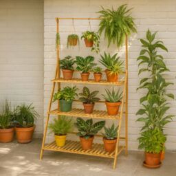Neo 3‑Tier Indoor & Outdoor Foldable Bamboo Plant Stand with Hanging Hook in Light Oak - thumbnail 8