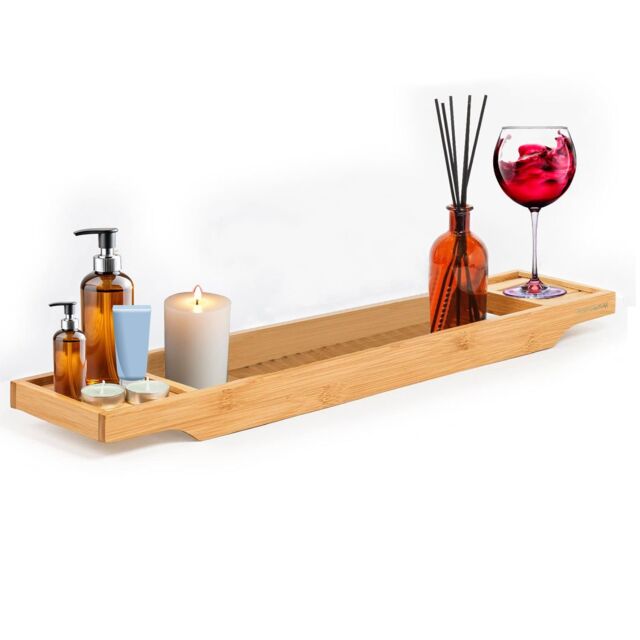 MANTRARAJ Bamboo Bath Caddy Tray Bridge Bath Tray Table Bathroom Shelf Organizer in Natural - image 1