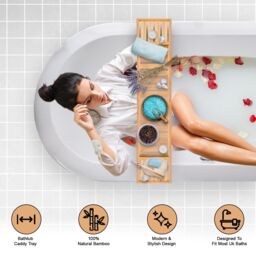 MANTRARAJ Bamboo Bath Caddy Tray Bridge Bath Tray Table Bathroom Shelf Organizer in Natural - thumbnail 2