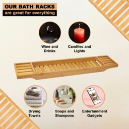 MANTRARAJ Bamboo Bath Caddy Tray Bridge Bath Tray Table Bathroom Shelf Organizer in Natural - thumbnail 4