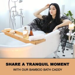 MANTRARAJ Bamboo Bath Caddy Tray Bridge Bath Tray Table Bathroom Shelf Organizer in Natural - thumbnail 6