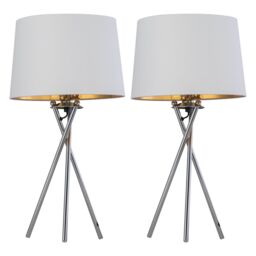 First Choice Lighting Set of 2 Tripod - Chrome Lamps with White & Gold Fabric Shade in Silver