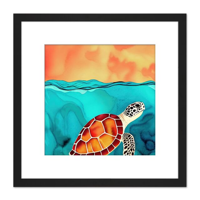 Artery8 Red Shelled Loggerhead Sea Turtle Illustration Square Wooden Framed Wall Art Print Picture 8X8 Inch in Black - image 1