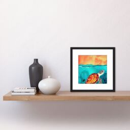 Artery8 Red Shelled Loggerhead Sea Turtle Illustration Square Wooden Framed Wall Art Print Picture 8X8 Inch in Black - thumbnail 2