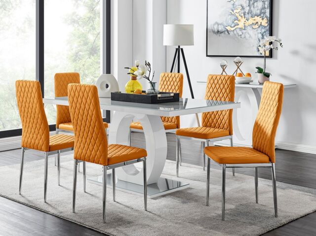 FurnitureboxUK Giovani 6-Seater Grey Glass Dining Table & 6 Milan Faux Leather Dining Chairs in Mustard - image 1