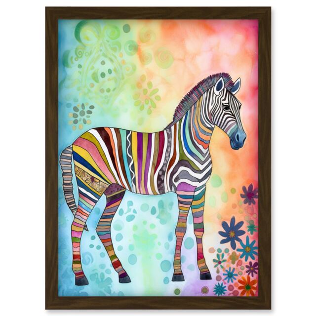 Artery8 Rainbow Floral Zebra Folk Art Artwork Framed Wall Art Print A4 in Brown - image 1