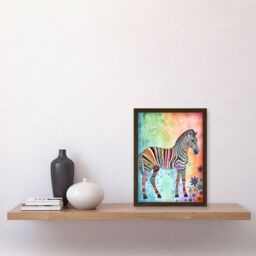 Artery8 Rainbow Floral Zebra Folk Art Artwork Framed Wall Art Print A4 in Brown - thumbnail 2