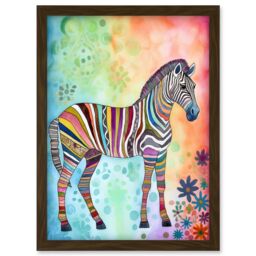 Artery8 Rainbow Floral Zebra Folk Art Artwork Framed Wall Art Print A4 in Brown - thumbnail 1