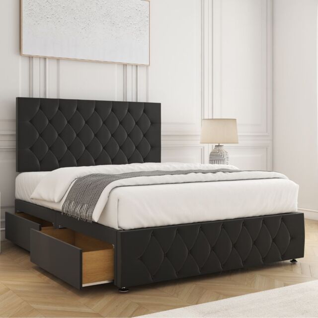 "BSSPOKE Mulberry Velvet Divan Bed 24"" Headboard Footboard 4Drawers & Mattress in Black - Size: Small Double" - image 1