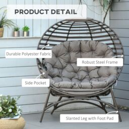 OUTSUNNY Egg Chair with Cushion Steel Frame & Side Pocket for Indoor Outdoor in Brown - thumbnail 4