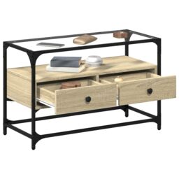 Berkfield Home TV Cabinet with Glass Top Sonoma Oak 80x35x51 cm Engineered Wood in Brown - Size: 80 x 35 x 51 cm - thumbnail 3