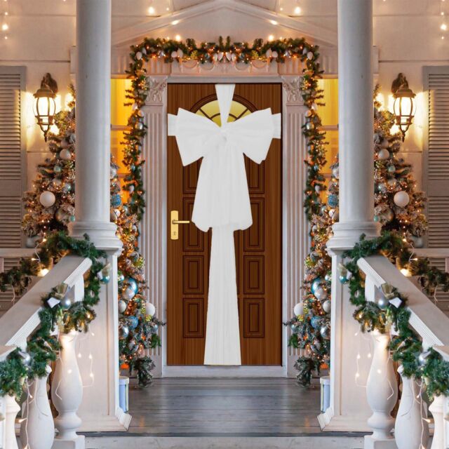 Shatchi Christmas Door Bow - 9m Giant Bow Door Cover - Front Door Decorations for Xmas Wedding, Baby Shower Outside Home Decor in White - image 1