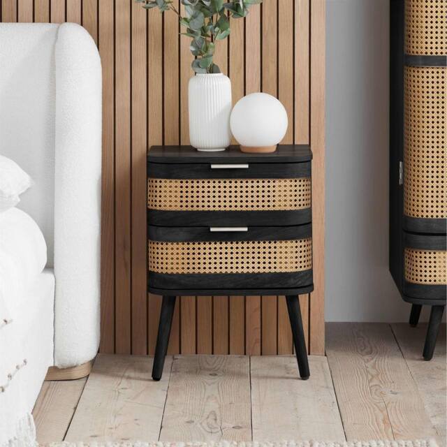 Birlea Rattan Bedside Cabinet 2 Drawer Sark Nightstand Side Table in Black - image 1