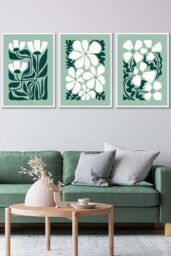 ARTZE Set of 3 White Framed Green & White Boho Abstract Floral Wall Art - Size: W33 cm x H45 cm x D20mm