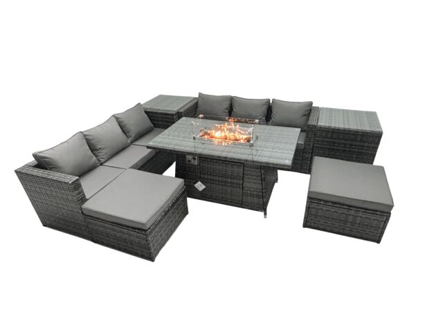 Fimous Rattan Garden Furniture Firepit Dining Set 6 Seater Lounge Sofa Table Set with 2 Side Tables 2 Footstool in Dark Grey - image 1