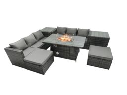Fimous Rattan Garden Furniture Firepit Dining Set 6 Seater Lounge Sofa Table Set with 2 Side Tables 2 Footstool in Dark Grey - thumbnail 1