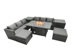 Fimous Rattan Garden Furniture Firepit Dining Set 6 Seater Lounge Sofa Table Set with 2 Side Tables 2 Footstool in Dark Grey - thumbnail 2