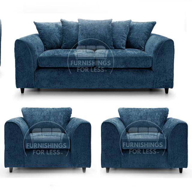 Furnishings For Less UK Monaco Chenille Fabric 3 Piece Sofa Suite - 3 Seater & 2 Armchairs in Blue - image 1