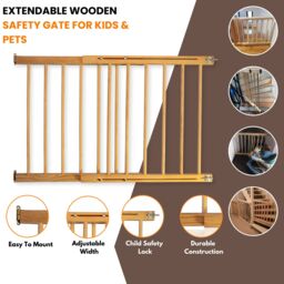 Novecrafto Multi-Purpose Wooden Baby Gate - Versatile Pet Safety Gate Extendable Stair Gates (72-122cm) in Natural - thumbnail 2