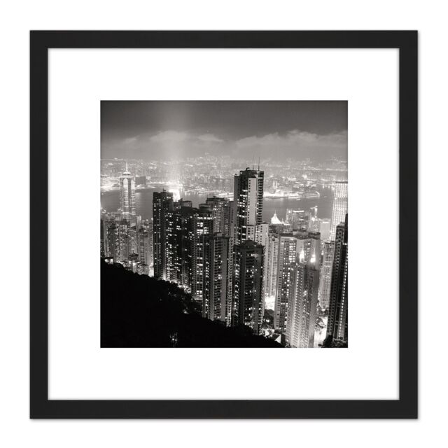 Artery8 Black White Hong Kong City Skyscrapers Photo 8X8 Inch Square Wooden Framed Wall Art Print Picture with Mount - image 1