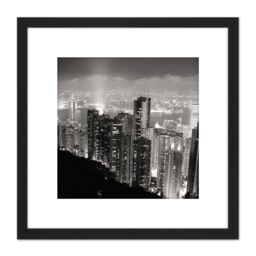 Artery8 Black White Hong Kong City Skyscrapers Photo 8X8 Inch Square Wooden Framed Wall Art Print Picture with Mount - thumbnail 1