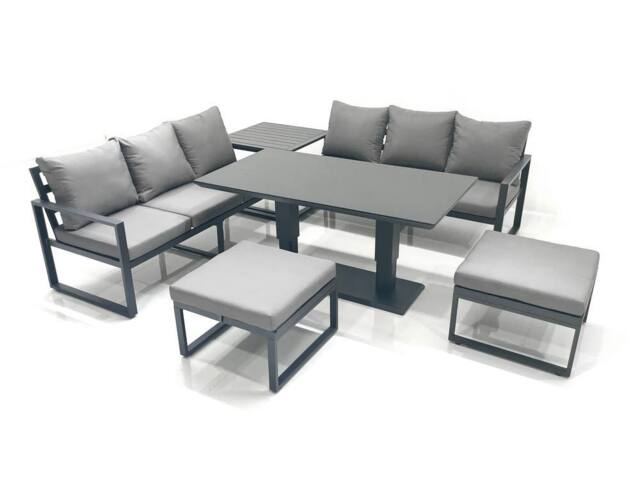 Fimous 8 Seater Aluminium Outdoor Garden Furniture Set with Adjustable Rising Lifting Dining Table 3 Seater Sofa 2 Big Footstool Side Table Dark Grey - image 1