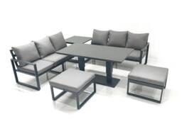 Fimous 8 Seater Aluminium Outdoor Garden Furniture Set with Adjustable Rising Lifting Dining Table 3 Seater Sofa 2 Big Footstool Side Table Dark Grey - thumbnail 2