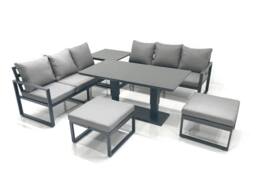 Fimous 8 Seater Aluminium Outdoor Garden Furniture Set with Adjustable Rising Lifting Dining Table 3 Seater Sofa 2 Big Footstool Side Table Dark Grey - thumbnail 1